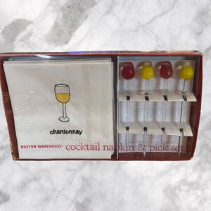 Boston Warehouse Chardonnay 8 Piece Red & Yellow Cocktail Napkin & Pick Set NIB